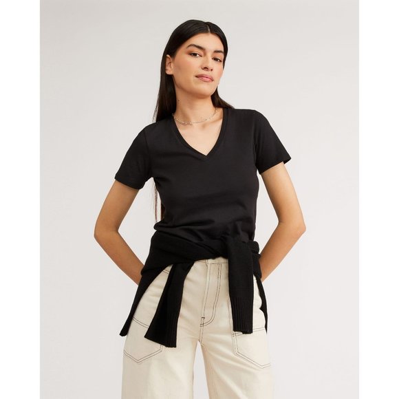 Everlane Womens The Organic Cotton V-Neck T Shirt Top Black XS - Picture 1 of 6